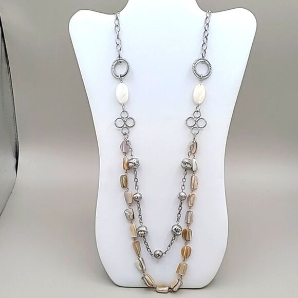 Fashion Necklace Long Silver Double Necklace, Tan & White Shiny Stones & Silver - Picture 1 of 2